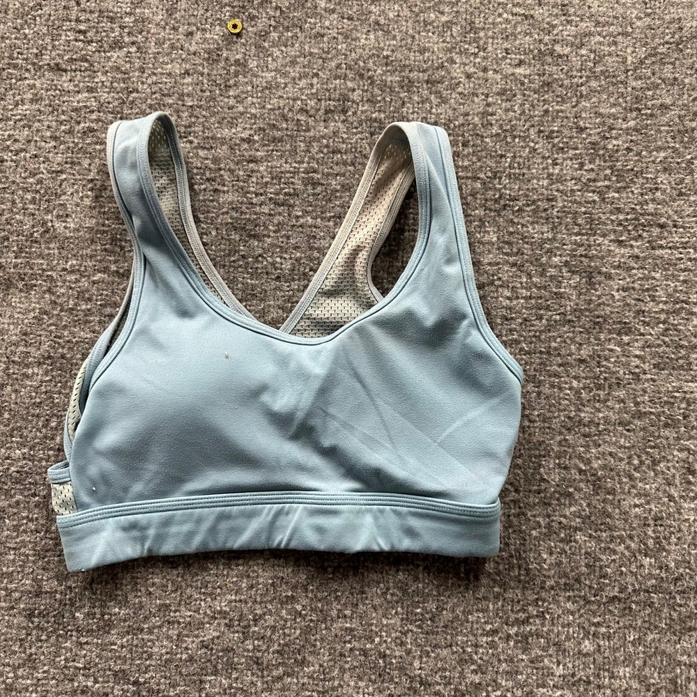 Alphalete Sports Bra Womens S Blue Alphalux Strappy Mesh Back Padded Athletic